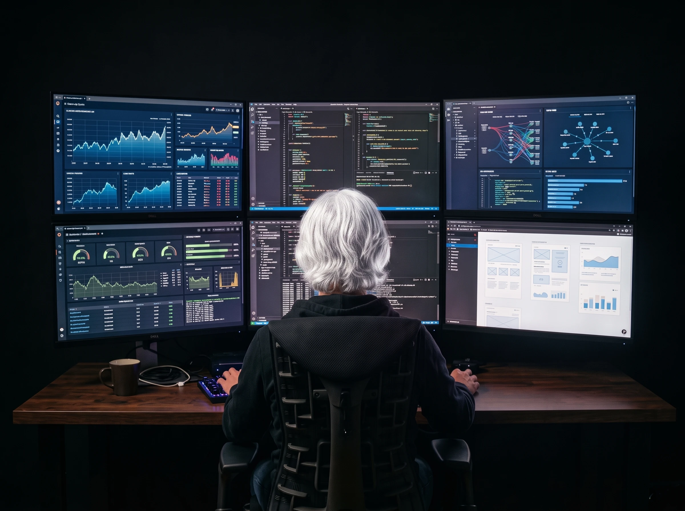A person with silver hair at a desk with six monitors displaying code, charts and website designs.